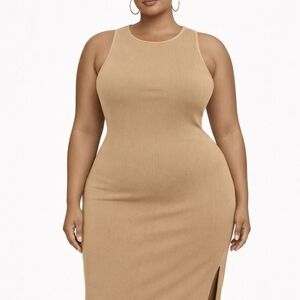 Cider Curve 3X Ribbed Bodycon Midi Dress Beige Neutral Slit Dress